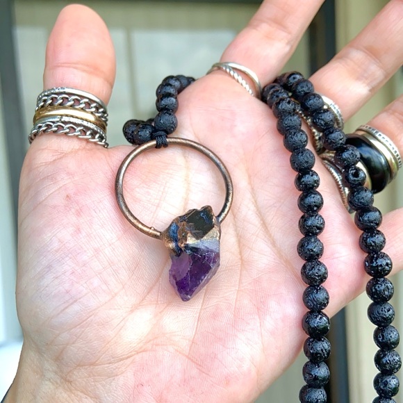 Genuine amethyst crystal stone bead lava necklace - Picture 12 of 16